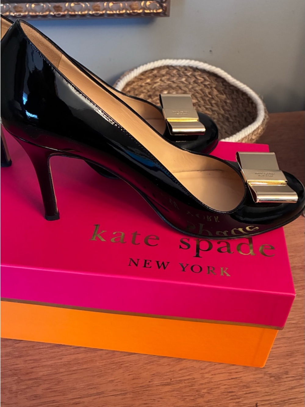 kate spade Black Patent Leather Heels with Gold Bow Accent